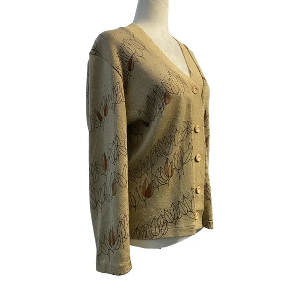 Vintage Sheng Yea V-Neck Button Front Cardigan Sweater Beige Floral Pit18 L23 - Picture 2 of 10